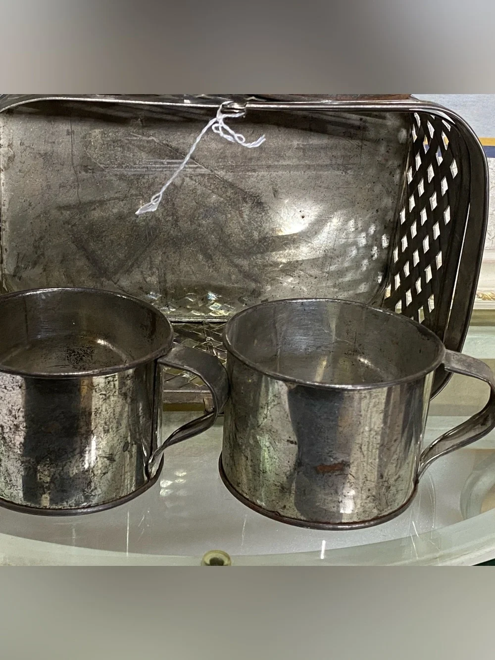 Vintage Silver Plated Metal Woven Basket W/ Handle and Mugs.